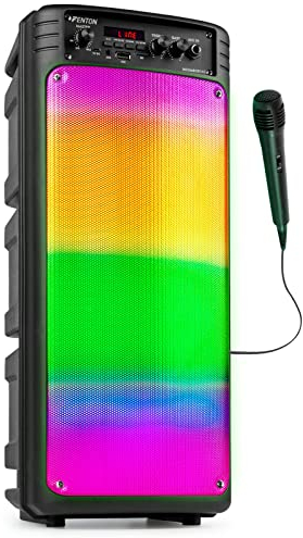 FENTON BoomBox340 Altavoz Portatil con Luces LED (On/Off), 2 woofers de 8, Bluetooth 5.0, Batería integrada, Entrada de micrófono, Función Echo, Emparejamiento inalambrico, Incluye microfono