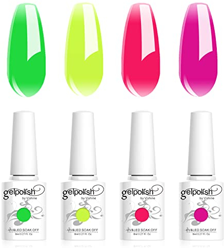 Vishine Transparent Neon Gel Nagellack Set, Fluo Nägel Gel Neon Grün Gelb Hot Pink Fushia Gel Polish 4 Farben Einweichen von LED Gel Nagel Kit Halloween Nägel Nail Art Maniküre C026