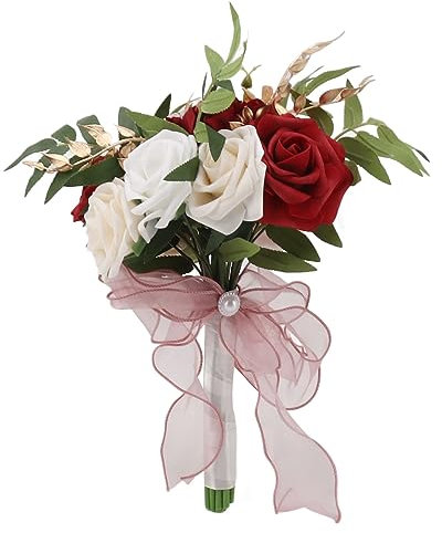 IUIBMI Bouquets de Mariage pour Mariée, Fleurs Artificielles, Bouquet de Roses, Mariée Romantique, Tenant des Fleurs, Bouquet pour Cérémonie de Mariage et Anniversaire(Bourgogne Et Blanc)