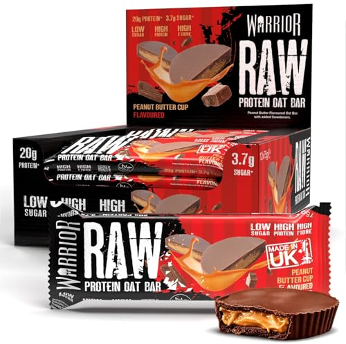 Warrior RAW Protein Bars 12 x 75g – 20g High Protein Bar, Low Sugar High Fibre Oat Protein Flapjack – Protein Snacks, Meal Replacement Bars (Peanut Butter Cup)