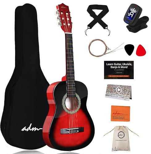 ADM Kit de guitarra clásica de 1/2 para niños, juego de guitarra junior de 34 pulgadas para principiantes con bolsa de concierto, afinador de clip, correa, púas, cuerdas adicionales, bolsa de