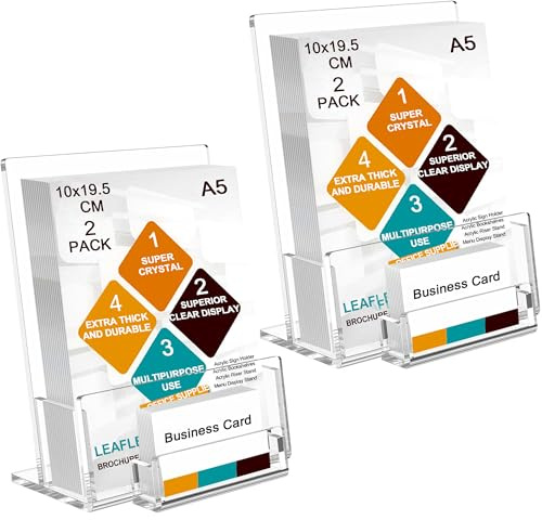 Lot de 2 porte-brochures A5 en acrylique transparent avec porte-cartes de visite, brochure de menu, brochure, brochure, menu