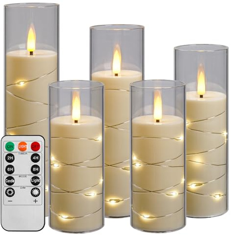 Da by 5 Candele LED Avorio con Luci Fatate, Copertura Vetro Trasparente, Fiamma Tremolante, Resistenti al Caldo, 1 Telecomando per Decorazioni Interno ed Esterno