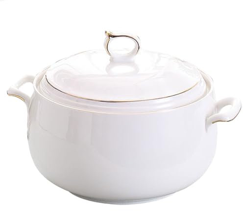 3L Ceramic Soup Tureen with Lid Creative Serving Bowl for Soup Muesli Stew Double Handle Decorative Tableware for Miso Soup Large Capacity