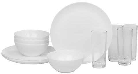 12/24 Pc Dinner Set Bowl Side Dinner Plate 12 or 24 Piece Smooth Plain or Wavy Service Set Dessert Cereal Bowl Plates (Luna Breakfast - 12 Pcs)