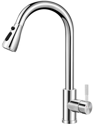 Küchenarmatur mit herausziehbarer Brause, Hochbogen-Einhebel-Drehauslaufarmatur mit Ausziehbrause,Edelstahl-Spültischarmatur mit Schläuchen