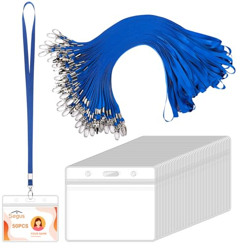 Segus Acreditaciones Colgantes, 50 Piezas Lanyard Azul con Fundas Tarjetas Identificativas, Transparente e Impermeable, Cinta Cuello Llaves para Negocios, Oficinas, Escuelas (Horizontal)