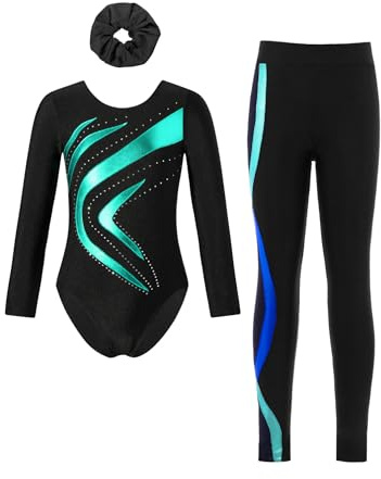 Aislor Body da Ginnastica Artistica Bambina Leotards Manica Lunga con Pantaloni Leggings Sportivi Abito da Danza Balletto Classica Tuta da Pattinaggio Artistico Blu verde 11-12 anni
