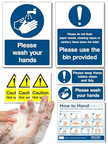 Wash your hands Sign, Hot water signs, keep toilets clean sign,how to wash hands, Comprehensive sticker set, Self Adhesive Vinyl 16 Pcs for 2 washrooms, Health & Safety Compliant, Waterproof, UK made
