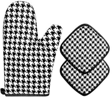 HW CASA Set di 1 guanto da forno + 2 presine resistenti al calore (1200°C) - ignifughi - Cotone naturale e materiali atossici - Protezione avanzata per cucina e forno NERO