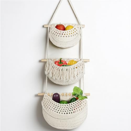 Flintronic 3 ripiani Cesti per Frutta da appendere, Cestini Decorativi Sospesi per Porte a Parete, Cesto Decorativo da Cucina in Stile Bohémien per Appendere Frutta e Verdura