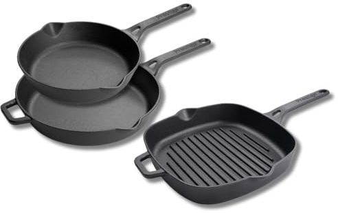 Prestige Cast Iron Frying Pan and Grill Pan Set – 3 Piece, Pre-Seasoned, Non-Toxic, Induction & Oven Safe, Easy Clean, 22cm, 26cm, 25cm