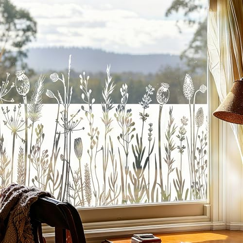 ADD.HERES Window Film Privacy Window Sticker,Ink Grass Collection 44x200cm | Decorative Summer Window Clings UV Blocking Static Cling No Glue Rental Friendly for Home Kitchen Office