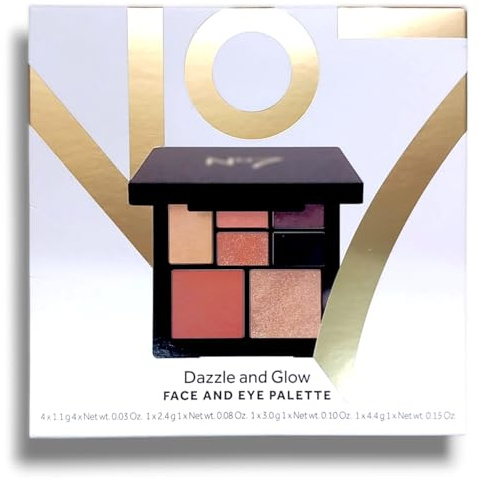 Nō7 | Dazzle and Glow - Face and Eye Palette | 4 Eyeshadows 1.1g Each with 1x Eye Shadow Base 2.4g, 1x Blusher 4.4g & 1x Highlighter 3g | Brush Included