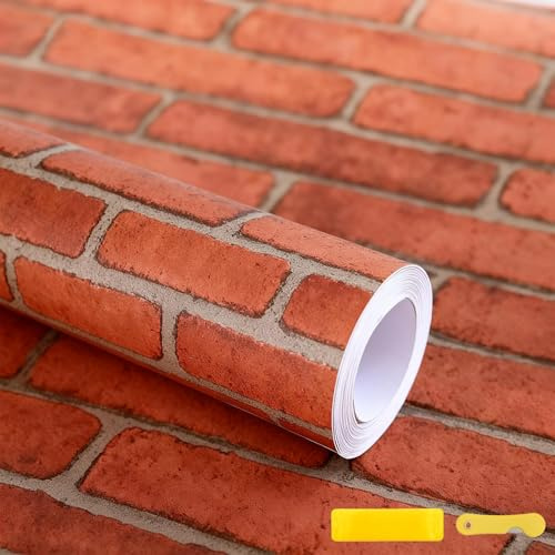 Red Brick Wallpaper, 45cmx1000cm Real 3D Brick Effect Self-Adhesive, Waterproof Stick Paper, Peel and Stick Contact Paper Roll, Vintage Stone Brick Wall Paper for Home Decor, Living Rooms, Cafes