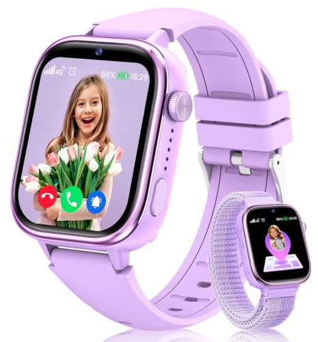 RUXINGX Smartwatch barn med GPS och telefon, IP68 barnklocka med HD-videosamtal, SOS, röstchat, skolläge, stegräknare, väckarklocka, sömn, barnsmartklocka för flickor och pojkar, lila