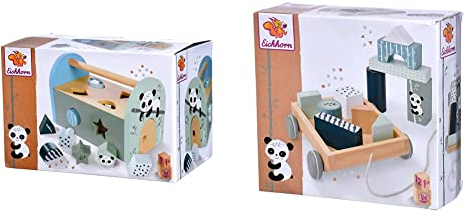 Eichhorn - Panda Linie - Steckbox, Steckspielzeug inkl. 8 verschiedenen Steckbausteinen, 9 teilig, 12,5x19x15 cm & Bauwagen mit 11 Bausteinen, Nachziehspielzeug, 12 teilig, 18x17,5 cm groß
