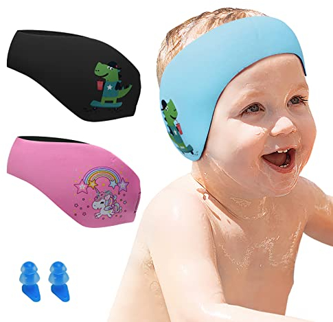 Schwimmen Stirnband Kinder, Neopren Schwimmband, Schwimm Stirnbänder mit Klettverschluss, Ohren Schutz Wasserdichtes Kopfband für Kinder, Erwachsene (Blau, L)