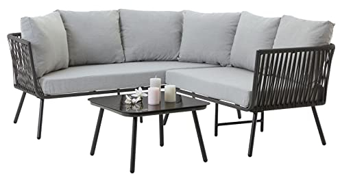 Gartenlounge JAKARTA, schwarz/grau - Outdoor Ecksofa mit Dreisitzer, Zweisitzer und Beistelltisch, robustes Metallgestell, wasserabweisende Kissen, für Terrasse und Balkon, L-förmige Sitzlandschaft