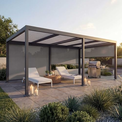 Alu Pergola HWC-L41 mit 3X Seitenwand, Lamellen-Pavillon, stabiles 8cm-Metall-Gestell 3x6m - anthrazit