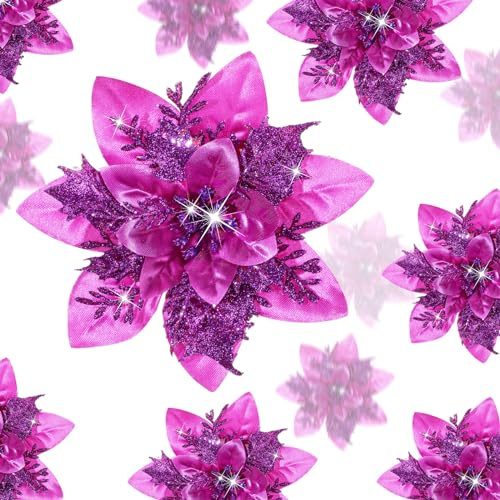 Geosar 24 Pezzi di Fiori Artificiali di Stella di Natale Glitterati Poinsettia di Natale con Clip per Addobbi di Regali e Alberi di Natale, 6 Pollici, 4 Pollici, 3 Pollici (Viola Scuro)