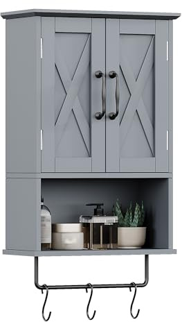 ChooChoo Farmhouse Medicine Cabinet, Bathroom Wall Cabinet with Adjustable Shelf, Towel Bar, 3 Hooks, Over The Toilet Storage Cabinet for Bathroom, Kitchen, Grey