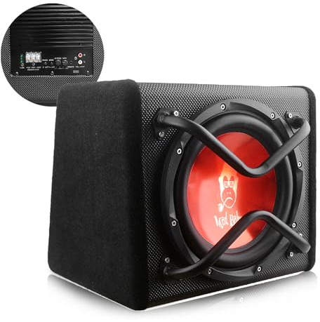 Amazonian cars 10 1000W Edition Active Car Subwoofer, Includes Loaded Enclosure with Amplifier (Subwoofer-B), Red