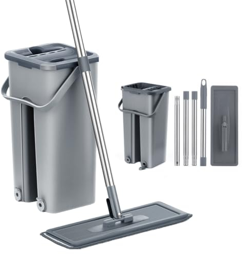 Fregona para Limpiar Azulejos y Paredes Fregona con Cubo escurridor Fregona autogirable Limpieza de Suelos Cepillo para fregona 6 Almohadillas de Microfibra Limpiador y Plumero Set Cubo para (Gris)