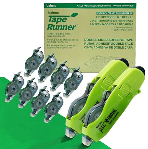 Double Sided Tape with Retractable Dispenser Roller - Permanent, Acid Free, Transparent - 2 Runners & 8 Refill Cartridges - Ideal Scrapbook Supplies & Scrapbooking Supplies Kit - 315 Inches Each