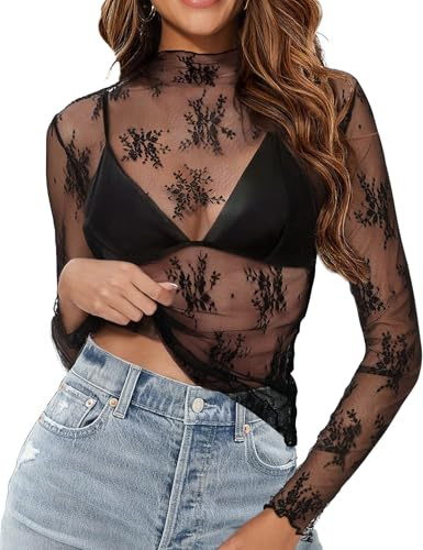 Buauty Mesh Long Sleeve Top for Women, Lace Sheer Tops See Through Mock Neck Floral Embroidery Sheer Blouse Layering Top Black