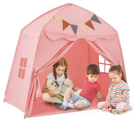 HOMASIS Kinderzelt für Indoor, Spielhaus mit 20 Sternlichtern & 12 Wimpeln & Matte & 2 Fenstern & Vorhang, Spielzelt Prinzessin Zelt für Mädchen & Jungen, Tipi Zelt Kinderhaus Kinderzimmer (Rosa)
