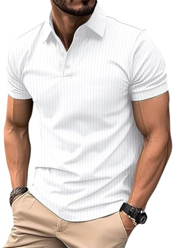 Allthemen Polo Homme Manches Courtes à Demi-Boutonnage Chemise Rayée Tricoté Été T Shirt de Golf Casual Couleur Uni Tops Blanc M