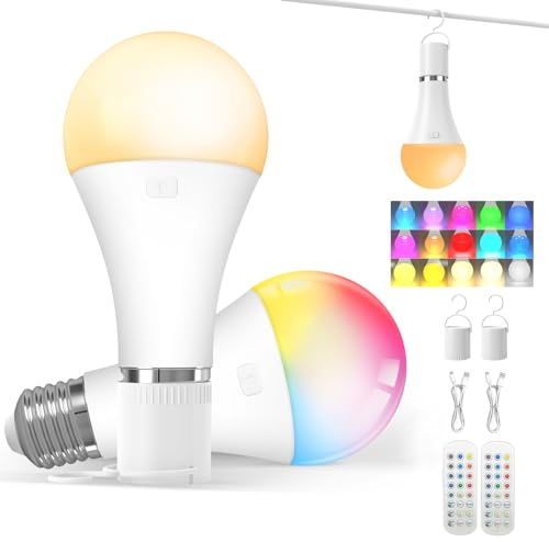 Lampadina LED ricaricabile: lampadina a batteria con telecomando, 2000 mAh, E26, 15 modalità di colore, dimmerabile e portatile, luce notturna per campeggio, portico, emergenza, confezione da 2