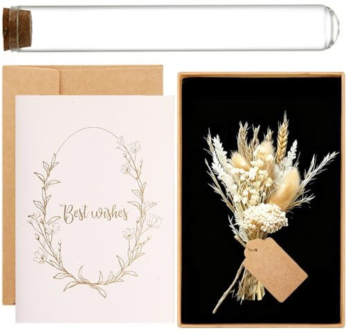 Set Confezione Regalo Elegante, Mini Bouquet Di Fiori, Biglietto D'Auguri In Cartoncino, Busta, Provette In Vetro Con Tappo Di Sughero,Per Matrimonio, Battesimo, Comunione