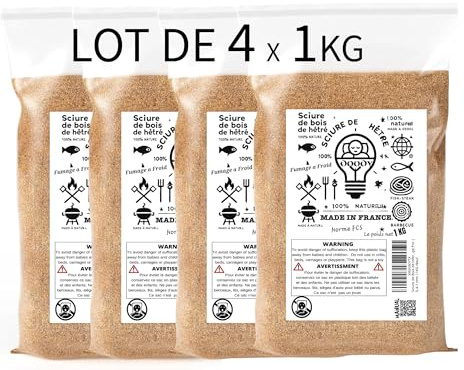Serrín de madera de haya, juego de 4 bolsas de 1 kg, para ahumadero de carne, pescado, apto para serpentina ahumadero en frío | Hecho en Francia | Astillas de madera compatible con ahumaderos en frío