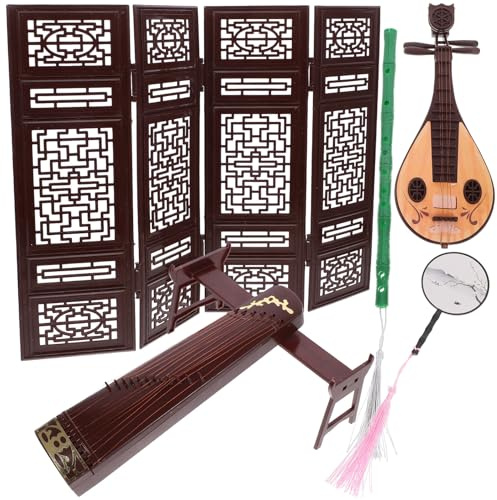 Warmhm Miniature Instrument Chinois Classique Décor Maison de Poupée Écran Miniature Double Pipa Guzheng avec Support Éventail et Flûte pour Aménagement Maison Poupée