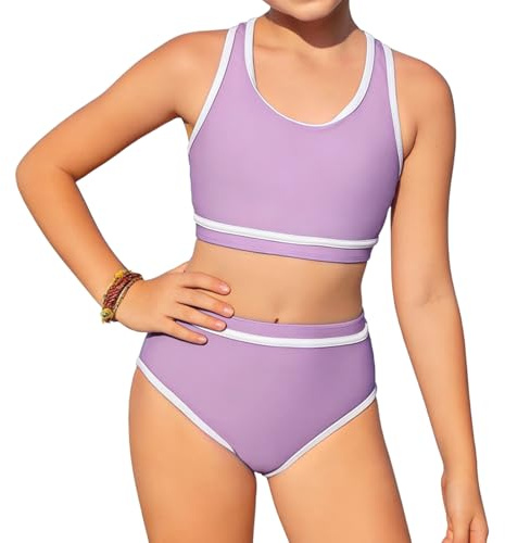 InfiniZer Conjunto de bikini para niña, monocolor, traje de baño de dos piezas con almohadillas en el pecho, traje de baño de cintura alta, bikini deportivo para adolescentes, niñas de 8 a 12 años