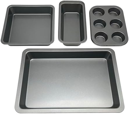 Relaxdays bakformsset, 4 stycken, muffinsplåt, lådform, 2 x stekform, non-stick belagd, kolstål, mörkgrå