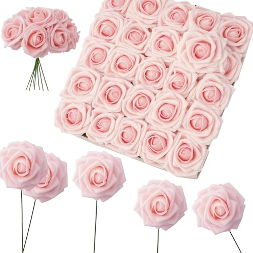 ZIJANG 25 Pezzi Rose Finte, Rose in Schiuma Realistiche Senza Manutenzione, Fiori Artificiali Rosa Champagne Senza Polline, per Matrimoni, Feste o Decorazioni di Tavolo