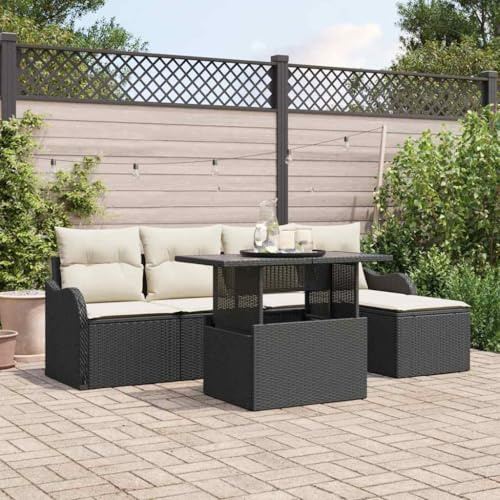 Runheo Modulare Rattan-Sitzgruppe für 6 Personen, Schwarz, Poly Rattan, Gartenmöbel Set mit Kissen, verstellbare Füße, wetterfestes Outdoor-Möbelset