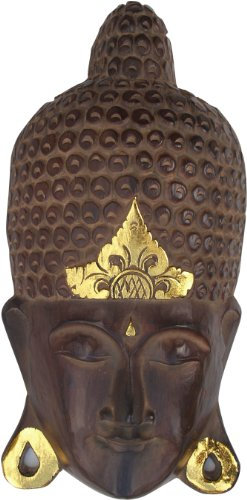 GURU SHOP Buddha Maske mit Goldverzierung, Wandschmuck, Ethno Wanddekoration aus Balsaholz, Braun, Size:45 cm