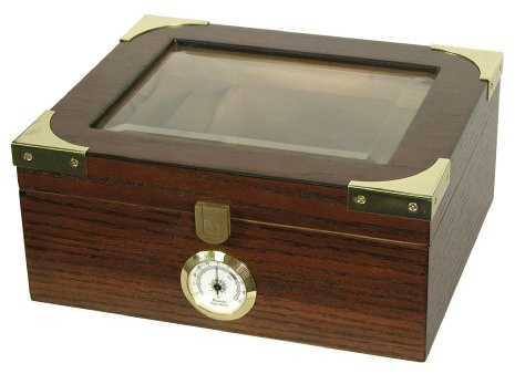 Quality Importers Desktop Humidor, Capri Elegant, Tempered Glasstop, Spanish Cedar Divider, Brass Ring Glass Hygrometer, Holds 25 to 50 Cigars