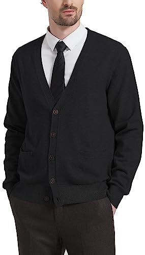 Kallspin Cardigan pour Homme en Laine mélangé avec col en V et Boutons avec Poches (Noir, XL)