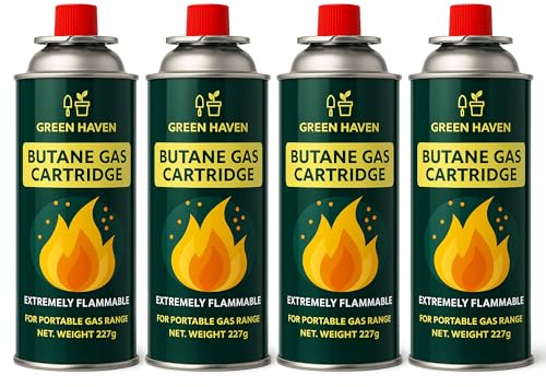 Green Haven Butane Gas Canisters 4 Pack – EN417 Gas Cartridge for Camping Stove, BBQ, Heaters, Blowtorch, Portable Gas Bottle Burner for Outdoor Use