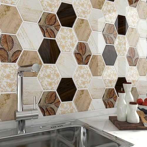 FunStick 30×30CM 15 Stück Fliesenaufkleber Holz Bad Beige Braun Küchen Fliesen Wand Selbstklebend Hexagon Fliesenaufkleber Retro Vintage Küche Klebefliesen Bad Wand Wasserdicht Holzoptik Fliesen Bad