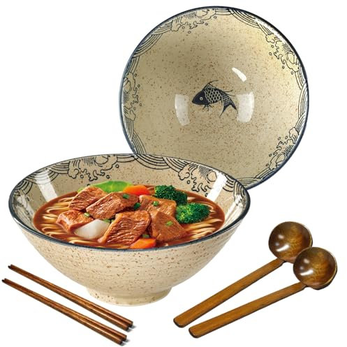 mehrido Ensemble de bols à ramen en céramique, 2 ensembles de 1,2 litres - Grands bols à nouilles japonaises avec cuillères et baguettes pour soupe, udon, soba, pho, nouilles asiatiques, salade de
