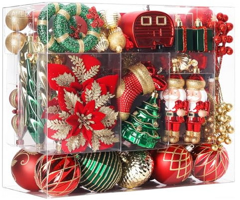 SHareconn 135pcs Christmas Balls Ornaments Set, Shatterproof Plastic Baubles, Ribbon and Tree Topper for Xmas Tree Holiday Wedding Party Decorations with Hanging Strings, Red, Green and Gold