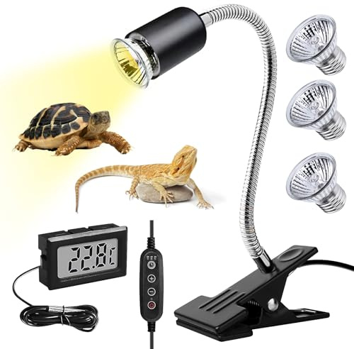 BORDEAG Lampe chauffante pour tortue, 50 W, tortue, reptiles, terrarium avec 3 ampoules UVA UVB, lampe chauffante pour aquarium, reptile, avec thermomètre, lampe chauffante pour terrarium pour reptile