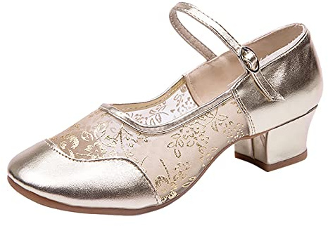 Pumps Women's Medium Heel Mesh Buckle Latin Dance Shoes Single Shoe Dance Shoes Pumps White, gold, 8 UK
