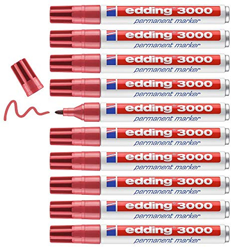 edding 3000 marcador permanente - carmín - 10 rotuladores - punta redonda 1,5-3 mm - indeleble de secado rápido - resistente al agua y a los borrones - cartón plástico madera metal tela - universal